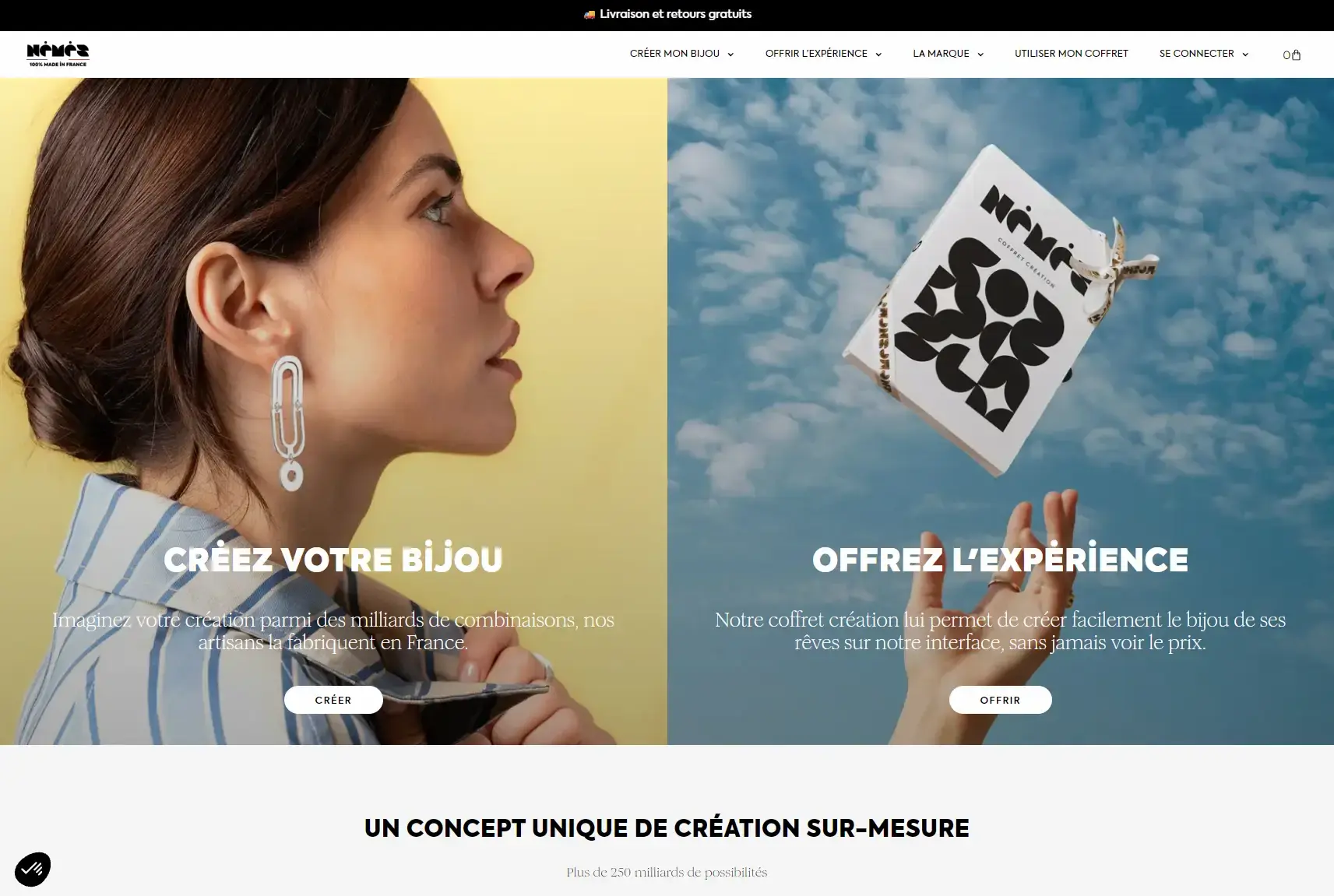 Aperçu du site e-commerce de bijoux personnalisables Némès